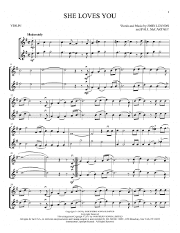 page one of She Loves You (Violin Duet)