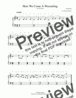 page one of Here We Come A-Wassailing - for easy piano