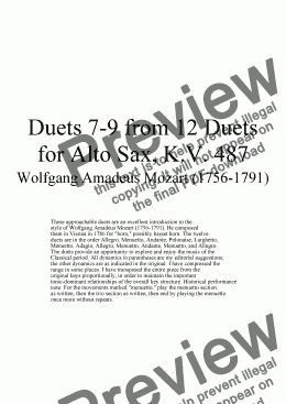 page one of Duets 7-9 from 12 alto sax duets - Twelve duets for saxophone by Mozart, KV 487