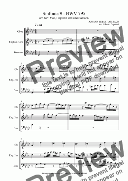 page one of Sinfonia 9 - BWV 795 - arr. for Oboe, English Horn and Bassoon