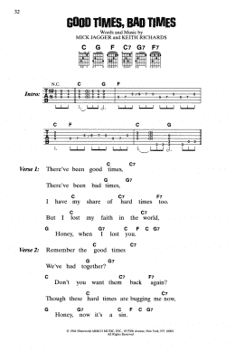 page one of Good Times, Bad Times (Guitar Chords/Lyrics)