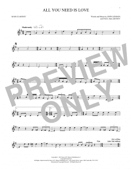 page one of All You Need Is Love (Bass Clarinet Solo)