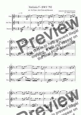 page one of Sinfonia 5 - BWV 791 - arr. for Flute, Alto Flute and Bassoon