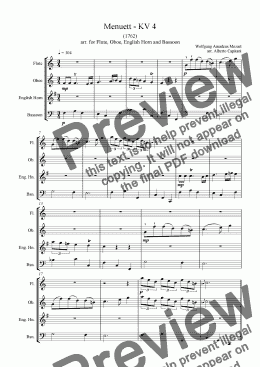 page one of Menuett - KV 4 - arr. for Flute, Oboe, English Horn and Bassoon