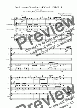 page one of Das Londoner Notenbuch - KV Anh. 109b Nr. 1 - arr. for Piano, Flute, Clarinet and Acoustic Guitar