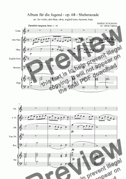 page one of Album für die Jugend - op. 68 - Sheherazade - arr. for violin, alto flute, oboe, english horn, bassoon, harp