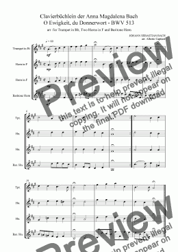 page one of Clavierbüchlein der Anna Magdalena Bach - O Ewigkeit, du Donnerwort - BWV 513 - arr. for Trumpet in Bb, Two Horns in F and Baritone Horn