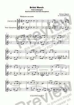 page one of Bridal March, "Here Comes the Bride", for Clarinet and Tenor Saxophone Duet