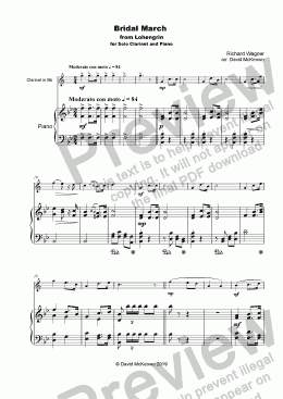 page one of Bridal March, "Here Comes the Bride", for solo Clarinet and Piano