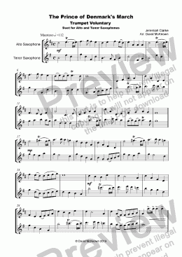 page one of Trumpet Voluntary, (Prince of Denmark's March), for Alto and Tenor Saxophone Duet