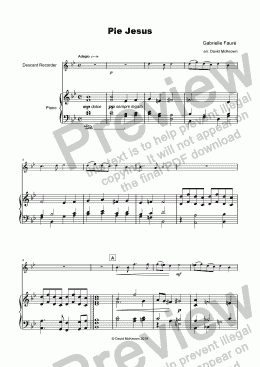 page one of Pié Jesus, from Fauré's Requiem, Solo for Descant Recorder and Piano