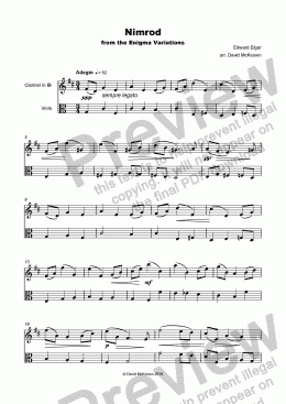 page one of Nimrod, from the Enigma variations by Elgar, for Clarinet and Viola Duet