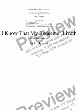 page one of HANDEL, G.F. - I Know That My Redeemer Liveth (Messiah) arr. for String Quartet by Gerald Manning