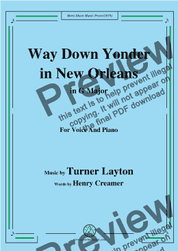 page one of Turner Layton-Way Down Yonder in New Orleans,in G Major,for Voice and Piano