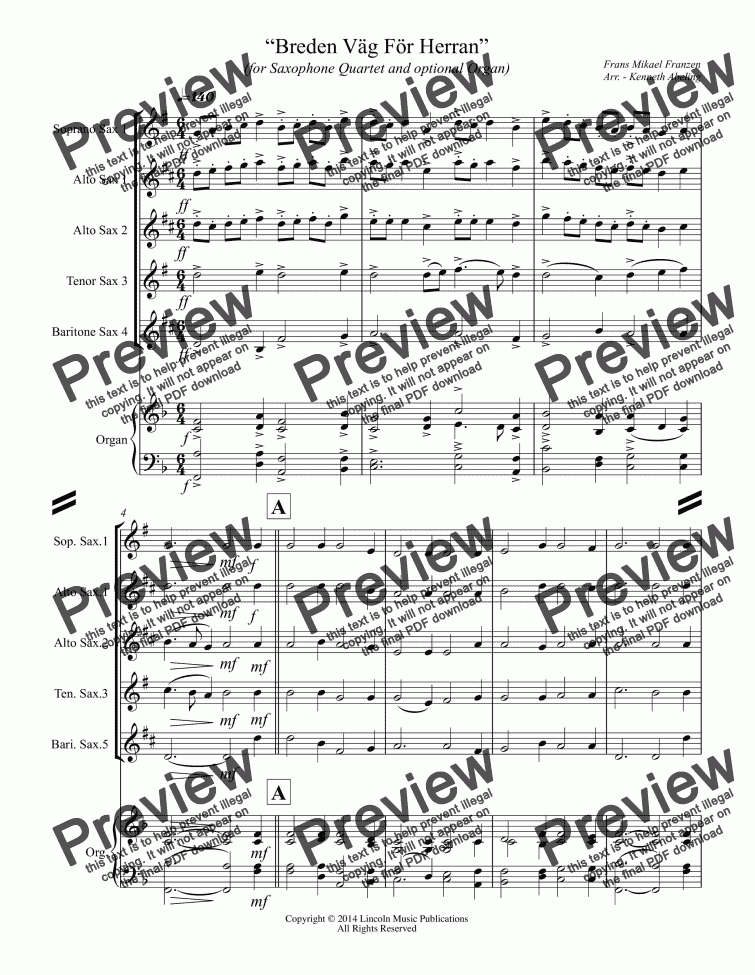 Breden Väg För Herran (for Saxophone Quartet and optional Organ) - PDF