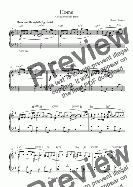 page one of "Home" Original Modern Folk Tune- Piano solo (with chord symbols)