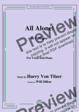 page one of Harry Von Tilzer-All Alone,in C Major,for Voice and Piano