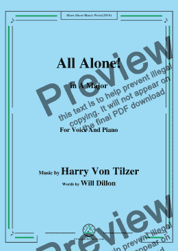 page one of Harry Von Tilzer-All Alone,in A Major,for Voice and Piano