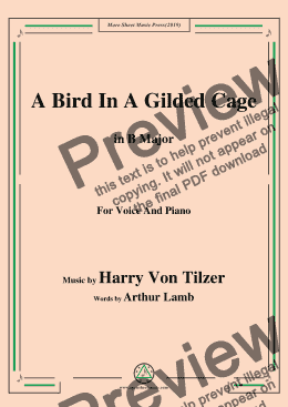 page one of Harry Von Tilzer-Bird In A Gilded Cage,in B Major,for Voice and Piano