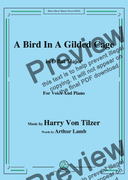 page one of Harry Von Tilzer-Bird In A Gilded Cage,in D flat Major,for Voice and Piano