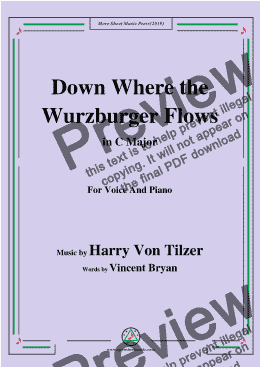 page one of Harry Von Tilzer-Down Where the Wurzburger Flows,in C Major,for Voice and Piano