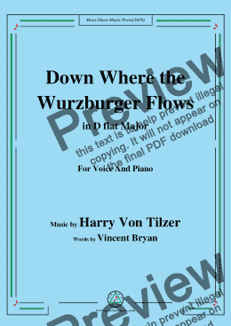 page one of Harry Von Tilzer-Down Where the Wurzburger Flows,in D flat Major,for Voice&Piano