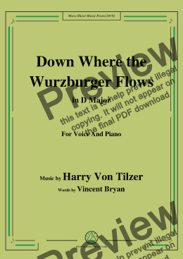 page one of Harry Von Tilzer-Down Where the Wurzburger Flows,in D Major,for Voice&Piano