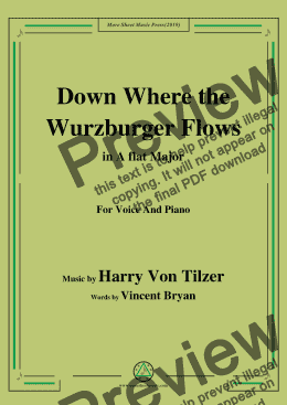 page one of Harry Von Tilzer-Down Where the Wurzburger Flows,in A flat Major,for Voice&Piano