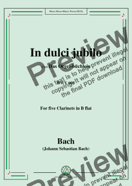 page one of Bach,J.S.-In dulci jubilo,BWV 608,from 'Das Orgel-büchlein',for five Clarinets