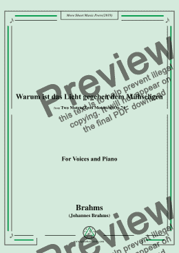 page one of Brahms-Warum ist das Licht gegeben dem Mühseligen,Op.74 No.1,for Voices&Pno