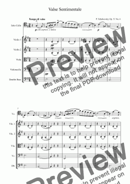 page one of Tchaikovsky Valse Sentimentale Op. 51 No. 6 for Cello and String Orchestra