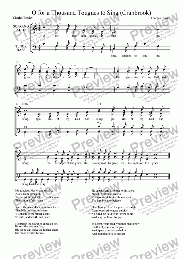 O For A Thousand Tongues To Sing Cranbrook Sheet Music Pdf File