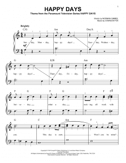 page one of Happy Days (Very Easy Piano)