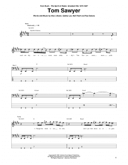 page one of Tom Sawyer (Bass Guitar Tab)