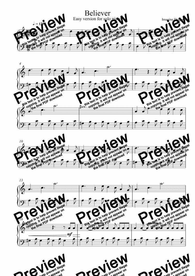Believer Easy Version For Solo Piano Download Sheet Music Pdf File