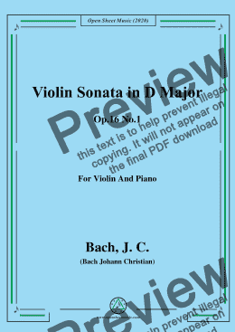 page one of Bach,J.C.-Violin Sonata,in D Major,Op.16 No.1,for Violin and Piano