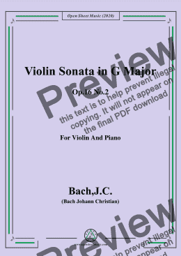 page one of Bach.J.C.-Violin Sonata,in G Major,Op.16 No.2,for Violin and Piano