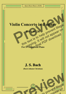 page one of Bach,J.S.-Violin Concerto,in d minor,BWV 1052R,for 2 Violins and Piano