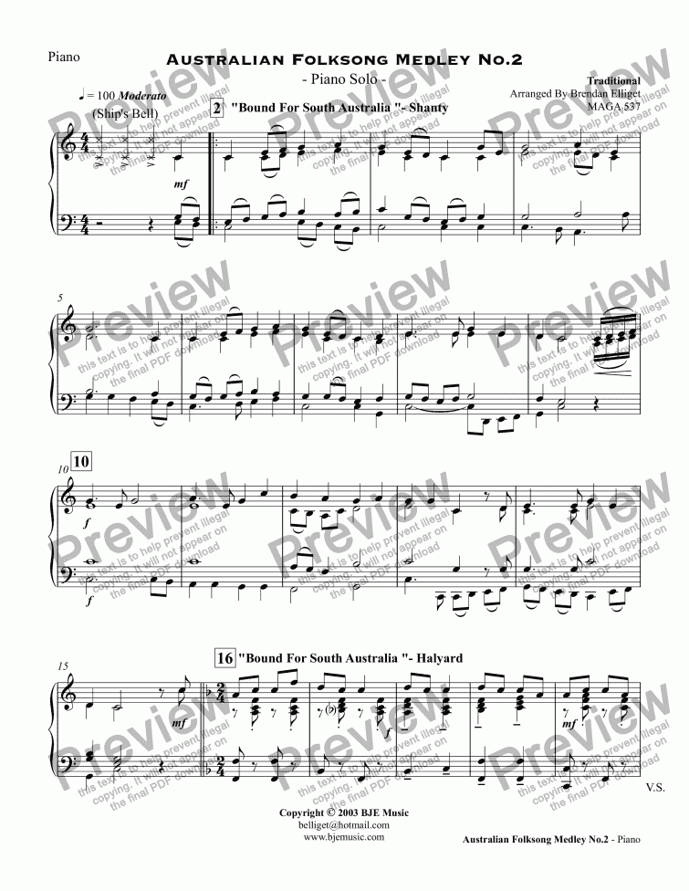 Australian Folksong Medley No 2 Piano Solo Sheet Music Pdf File