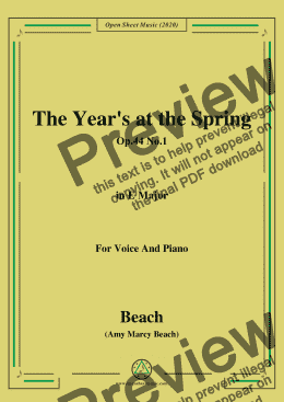 page one of Beach-The Year's at the Spring,Op.44 No.1,in E Major,for Voice and Piano