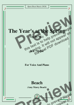 page one of Beach-The Year's at the Spring,Op.44 No.1,in C Major,for Voice and Piano