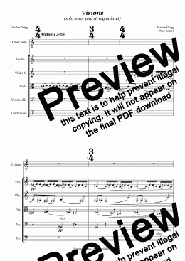 page one of Visions (solo tenor and string quintet) - Score and parts