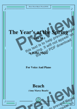 page one of Beach-The Year's at the Spring,Op.44 No.1,in D flat Major,for Voice and Piano