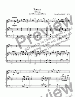 page one of Purcell, Henry - Sonata in D major for  Trumpet C &  Piano  