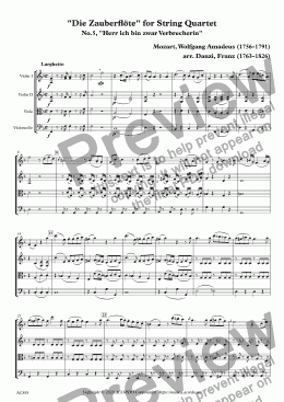 page one of "Die Zauberflöte" for String Quartet, No.5, "Herr ich bin zwar Verbrecherin"