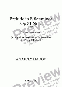 page one of Prelude in B flat minor (Lyadov) [Version in A minor] (Piano & Solo String / Descant & Tenor Recorder)