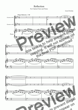 page one of "Reflection" For Clarinet Duet with Piano- early Intermediate