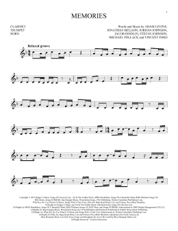 page one of Memories (Instrumental Solo – Treble Clef Low Range)