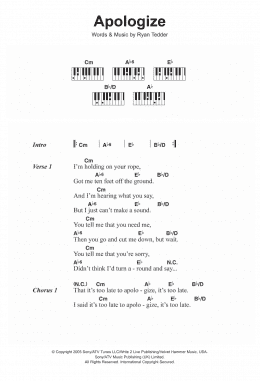 page one of Apologize (Piano Chords/Lyrics)