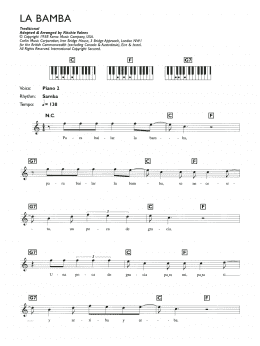 page one of La Bamba (Piano Chords/Lyrics)